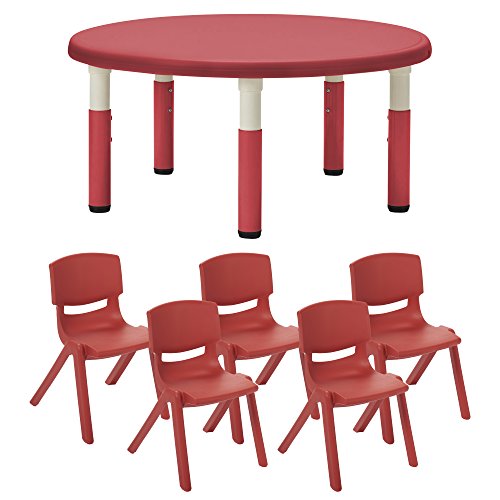 ECR4Kids 40" Round Resin Activity Table with Five 14" Resin Chairs - Indoor/Outdoor Kids Seating Set for Classrooms, Daycares, Playgrounds, Red (Pack of 6)
