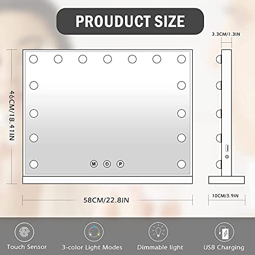 Kottova Vanity Mirror Makeup Mirror with Ligths- Hollywood Lighted Mirror with15 pcs LED ,3 Color Lighting Modes Tabletop or Wallmount Vanity Slim Mirror with USB Charging Port,White