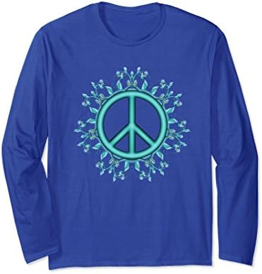 Unisex Peace sign Aqua mandala floral design long sleeves Tshirt Medium Royal Blue