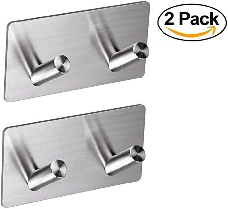 Set of 2 VLV 304 Stainless Steel No Drilling 3M Self Adhesive Double Hook, Stick On Sticky Bathroom Kitchen Coat Hanger, Brushed Finish (2-HOOK)