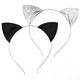 Mudder Glitter Cat Ears Headbands Cats Ear Hair Hoops Clasps for Party and Daily Wearing, Black and Silver, 2 Pieces