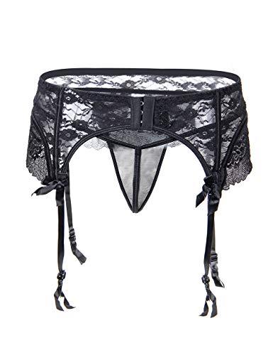 comeondear Women Lace Suspender Garter Belt Plus Size Lingerie with G-String for Thigh High Stockings Black