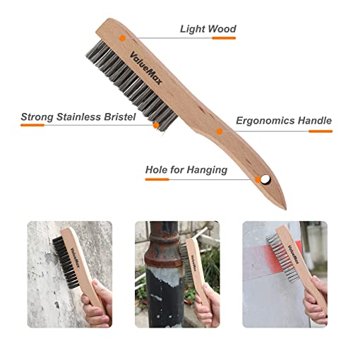 ValueMax Wire Brush Set 8Pcs Stainless Steel/Brass/Nylon Bristles with Curved Handle Grip, Heavy Duty Stainless Steel Wire Scratch Brush with Beechwood Handle for Rust, Dirt and Paint Cleaning