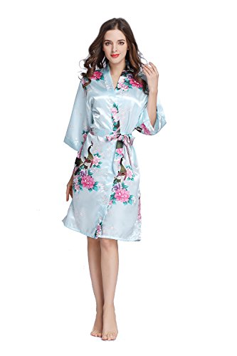 Amzchoice Women's Short Sleeve Kimono Robe Peacock & Blossoms For Spa, Wedding Bridal and Bridesmaid (S, SkyBlue)