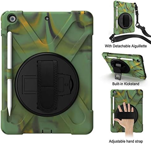 HuiFlying iPad 10.2 Case 2019,Heavy Duty 3 Layer Rugged Shockproof Case with Pencil Holder/360 Degree Swivel Stand/Hand Strap/Shoulder Strap for Apple iPad 7th Generation 10.2 inch 2019 (Army Green)