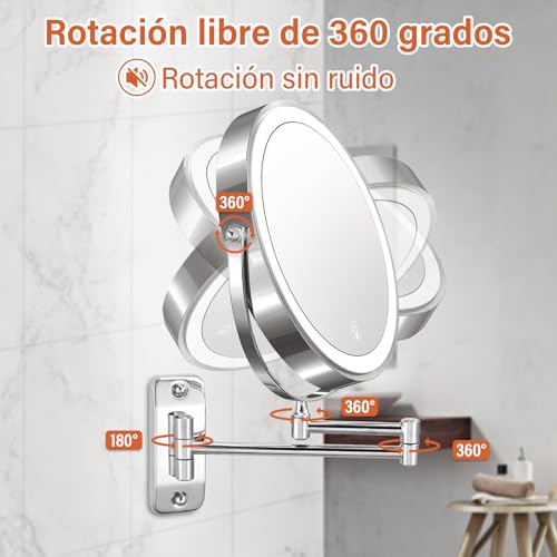 GALASALA Espejo con Luz Montado en Pared, Espejo de Maquillaje 8 Pulgadas con Aumento 10X/1X, Espejo de Tocador para Baño con Brazo Extensible, Rotación 360°, 3 Modos de Color