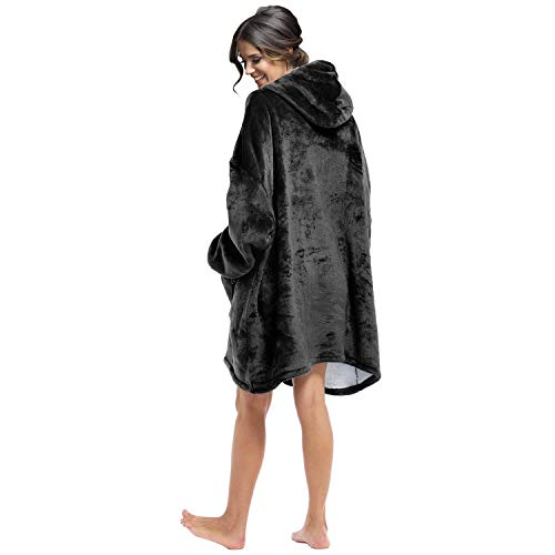 Oversized Blanket Sweatshirt, Super Soft Warm Cozy Wearable Sherpa Hoodie or Adults & Children, Reversible, Hood & Large Pocket, One Size, Black
