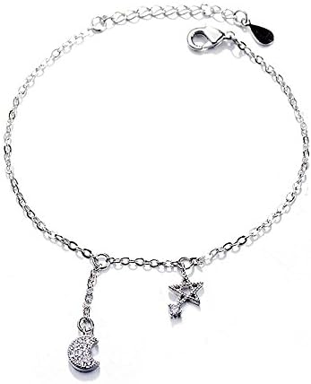 Kaxima Adjustable Sterling Silver Bangle Bracelet, inlaid diamond asymmetrical star Moon bracelet, simple pentagram hand ornaments, student gifts Jewelry Christmas gifts