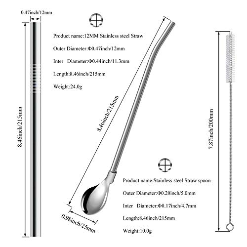 2 Stainless Steel Straws Big Straw Extra Wide 1/2" x 8.5" Long with 2 Drinking Spoon Straws - Reusable Straws For 20oz RTIC,Ozark Tumbler (2 Large Straws + 2 Spoon Straws + 2 Brushes + Box)