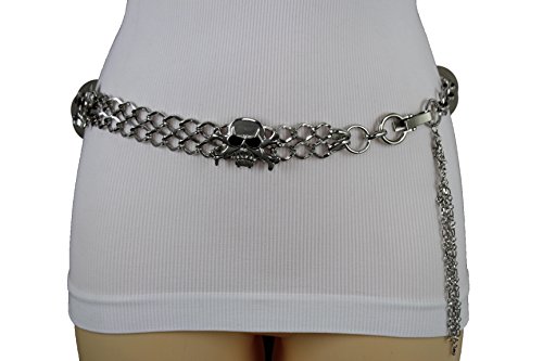 TFJ Women Belt Hip Waist Silver Metal Chains Charms Pirate Skeleton Skull S M