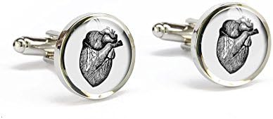 Anatomical heart cufflinks round men silver cuff links wooden gift box