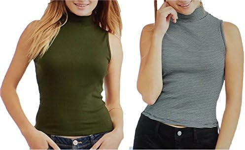 Women's Knit Sleeveless Mock Turtleneck Shaping Tank Top, Set of 2 (S (3-5, Black & White Olive
