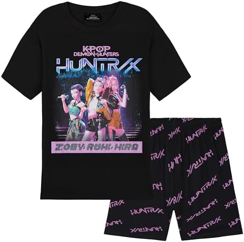 KPop Demon Hunters Official Huntrix Girls Pyjama Set 5-14 Years, 2 Pcs Pjs Shorts & T-shirt, Rumi Zoey Mira Merch Gifts (13-14 Years, Black Huntrix)
