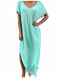 ZANZEA Women's Boho Color Block Short Sleeve Beach Loose Caftan Long Maxi Dress
