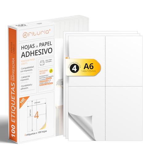 Fogli A4 di Etichette Adesive Bianche, Crea i tuoi Adesivi Personalizzati per qualsiasi Superficie, Carta A4 Adesiva Sicura, Etichetta Adesiva per Stampare - Ofituria (4 per foglio, 100 fogli)