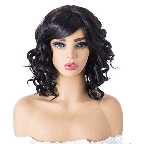 Summer Style Short Curly Wigs For Black Women, Upgrade Of Womens Black Wigs With Bangs (Black)