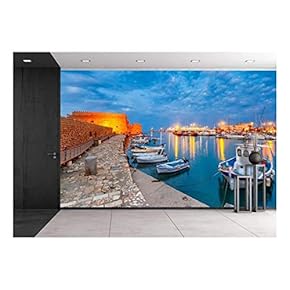 Old Harbour of Heraklion with Venetian Koules Fortress, Boats During Blue Hour, Crete, Greece - Removable Wall Mural | Self-Adhesive Large Wallpaper - 66x96 inches