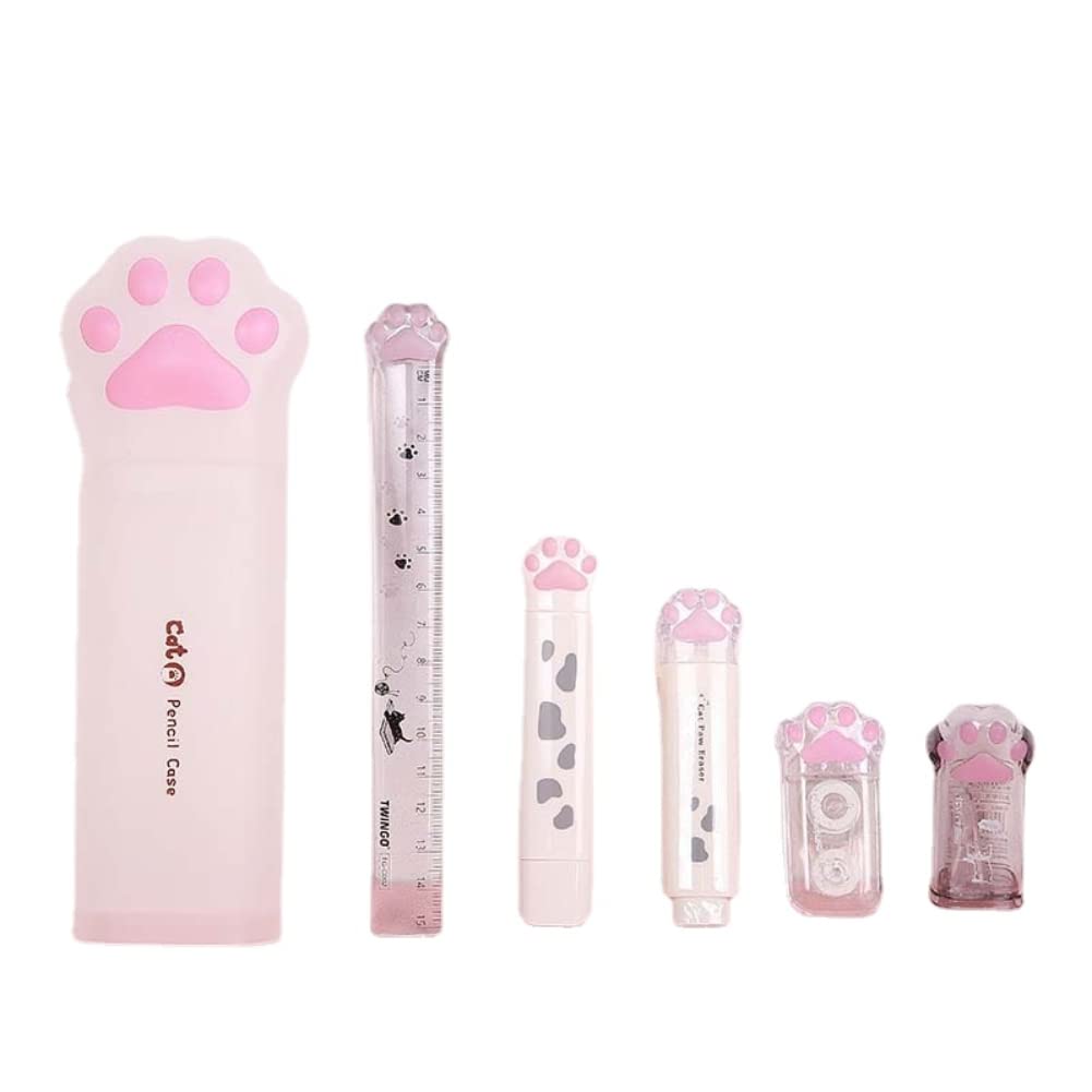 Kawaii Cat Paw Pencil Case Set Eraser Sharpener Correction Tape for Teen Girls Stationary Transparent Box
