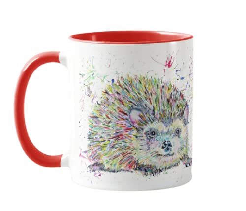 Vixar Hedgehog Watercolour Rainbow Art Wildlife Coloured Mug Cup, Gift, Birthday, Work, Office, Christmas Tea Coffee (Red)