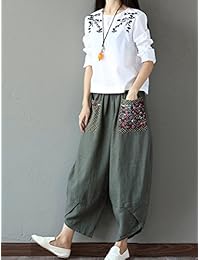 Pantalones de lino para dama con pierna ancha, informales, con retazos, cintura elástica, pantalones Harem