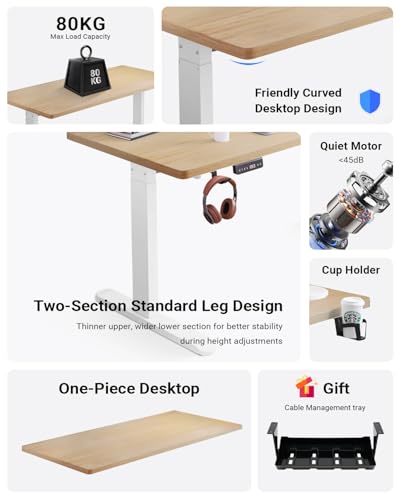 iXTRA Electric Standing Desk 140 x 60cm Height Adjustable Sit Stand up Home Office Desk with Whole Piece Desktop Computer Desk with Cable Management tray（Maple Desktop + White Frame）