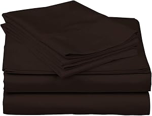 True Luxury 1000-Thread-Count 100% Egyptian Cotton Bed Sheets, 4-Pc Queen Dark Brown Sheet Set, Single Ply Long-Staple Yarns, Sateen Weave, Fits Mattress Upto 18'' Deep Pocket
