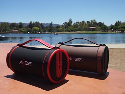 Axess SPBT1033 Portable Bluetooth Indoor/Outdoor 2.1 Hi-Fi Cylinder Loud Speaker with Built-In 4" Sub and FM Radio, SD Card, AUX Inputs in Red