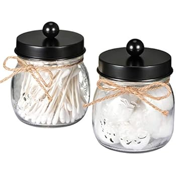 SheeChung Apothecary Jars Set,Mason Jar Decor Bathroom Vanity Storage Organizer Canister,Premium Quality Glass Qtip Holder Dispenser for Qtips,Cotton Swabs,Ball - Stainless Steel Lid (Black, 2-Pack)