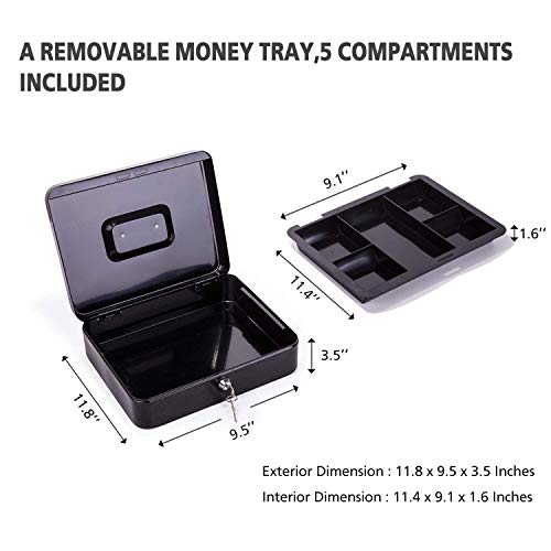 CK Wind Large Cash Box with Lock - Premium Steel Box with Money Tray and 2 Keysï¼ŒBlack