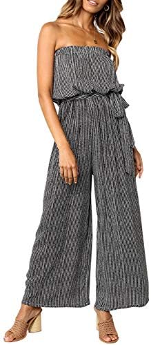 Season 4 Women's Sexy Off Shoulder Strapless Leopard Belted Jumpsuit Loose Solid Wide Leg Long Romper