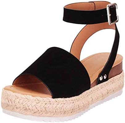 COOKI Women Casual Espadrilles Trim Rubber Sole Flatform Studded Wedge Buckle Ankle Strap Open Toe Sandals Shoes