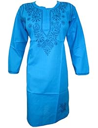 Mogul Womans Tunic Caftan Dress Blue Embroidered Cotton Kurta XXL