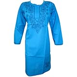 Mogul Womans Tunic Caftan Dress Blue Embroidered Cotton Kurta XXL