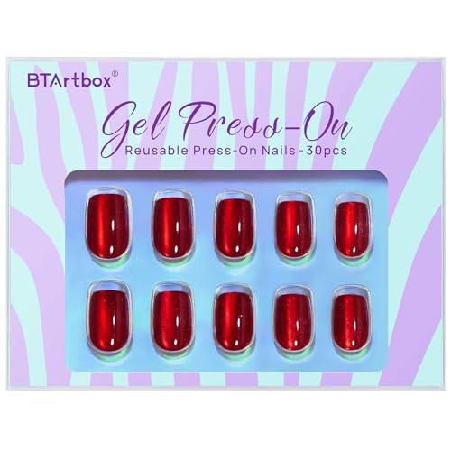 BTArtbox Press On Nails Red - Cat Eye Press On Nails Square for Gifts,Cherry Short Stick On Nails with Glue, Glossy Reusable Nail Tips in 15 Sizes - 30 Soft Gel Fake Nails Kit, Hot Love - Image 3
