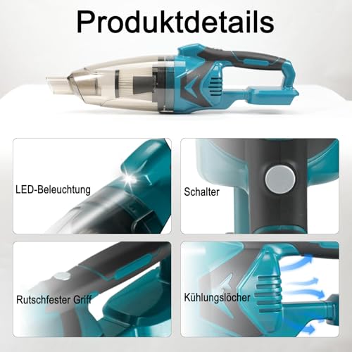 Battery Vacuum Cleaner for Makita 18 V Batteries, 10000 Pa 4-in-1 Portable Handheld Vacuum Cleaner, 140 W Cordless Vacuum Cleaner with 0.75 L Large Dust Cup, for Pet Hair, Carpets, Hard Floors, Car (without Battery)