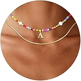 Colorful Beaded Initial Necklace Letter A-Z Pendant Necklace for Her Colorful Rainbow Choker Necklaces 18K Gold Plated Boho Summer Beach Freshwater Pearl beaded Necklaces for Christmas Birthday Gift