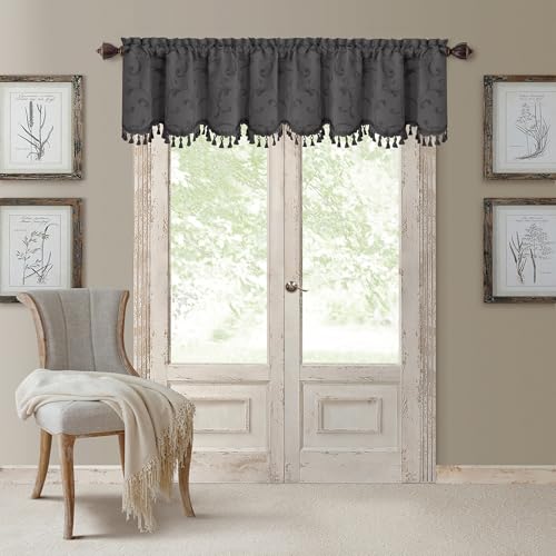 Elrene Home Fashions Mia Jacquard Scroll Blackout Valance, 52 x 19 (1 Valance), Grey