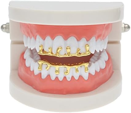 HongBoom New Hip Hop Bling Bling Lava Teeth Fangs Grillz Caps Top & Bottom Gold Plated Dental Grill Set