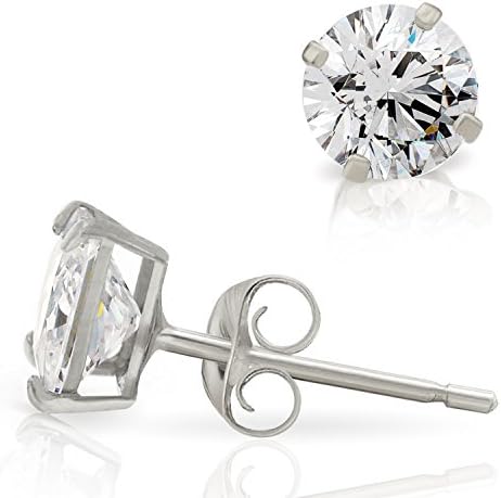 Solid 14k White Gold Basket Set Round 5MM Cubic Zirconia Stud Earrings