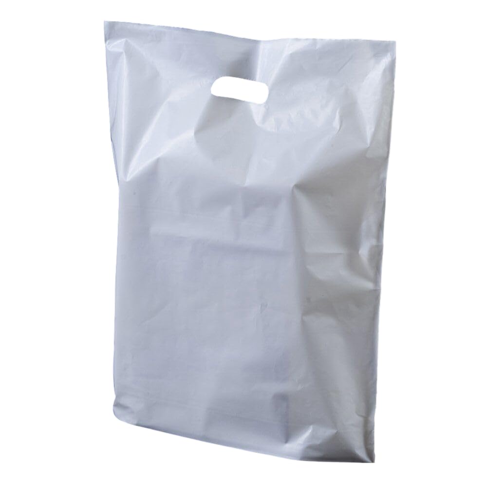 Plastic Carrier Bags 100 White with Handles | Patch Handle Carrier Bags | Large Size 18 x 15 x 3 for Shopping Groceries Gift Boutique Supermarket Cash N Carry Business Market Stall