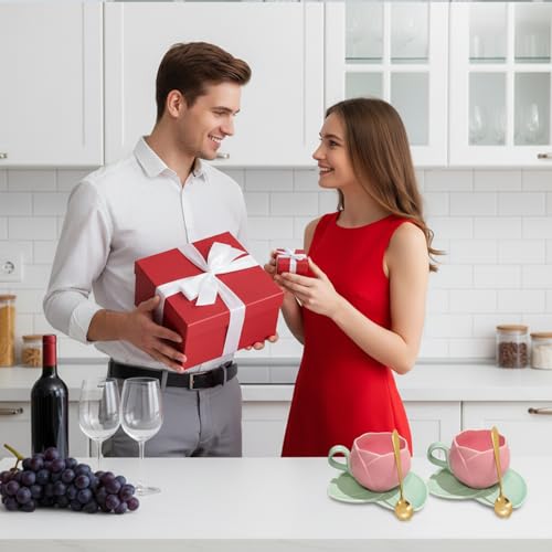 Taza de Café,Taza De Tulipan con Cuchara y portavasos,Juego de Tazas,Hermosa Taza En Forma De Tulipan,con plato y cuchara de cerámica.,para Regalos Mamá, Mujer, Cumpleaños y San Valentín(Rosa)