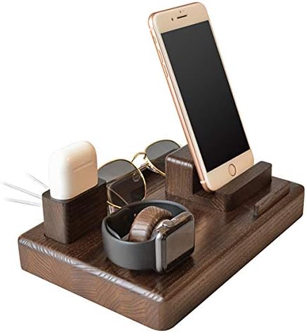 TESLYAR Wood Phone Docking Station Ash Magnets Organizer Men Gift Husband Charging Pad Slim Birthday Nightstand Boyfriend Compatible with iPhone AirPods Apple Watch