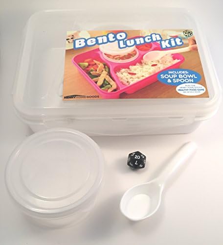 Bento Box Lunch Kit with 4 food compartments, Leak Proof Soup Bowl, Spoon, Henry Home Goods Healthy Food Game card, and Dice Bundle (White)