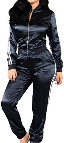 KLJR Women's Casual Long Sleeve Zip Up Bomber Jacket Pants 2 Piece Tracksuit Black US L