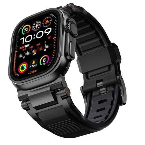 Bandletic R-Steel Strap Compatible with Apple Watch Ultra 2/Ultra 49mm, Series 10 46mm 9/8/7 45mm SE2/6/SE/5/4 44mm 3/2/1 42mm, Robust FKM Replacement Bracelet with Elegant Design Metal Connector, Black