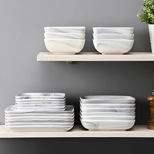 MALACASA Square Dinnerware Sets, 24Piece Marble Grey Plates and Bowls