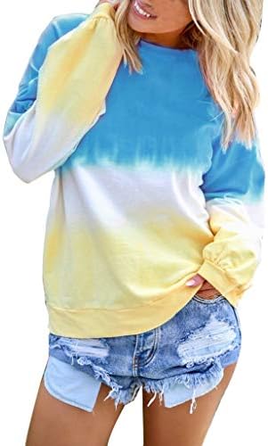 Qinnyo Tshirts for Women's Tops Casual Tees O-Neck Gradient Contrast Color Long Sleeve Sweatshirt Elegant Pullover