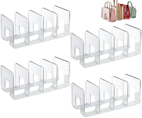Bag Storage Organizer, 4 Pack Clear Plastic Handbag Shelf Stand, 4 Sections Bags Closet Shelf Divider for Closet, Display Holder Organiser for Purses, Clutches, Wallets, Book