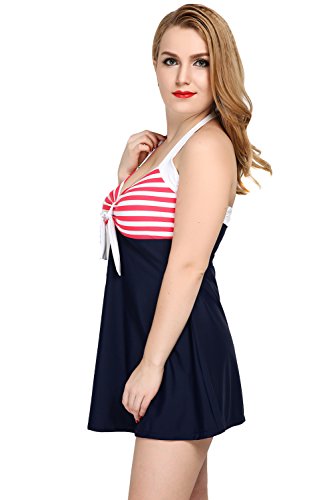 Women’s Slimming Plus Size Two Piece Boyleg Swimsuit Skirt Vintage Polka Stripe High Waisted Swimwear Cover up Skirtini(US 12, Red Stripe) - Thumbnail 4