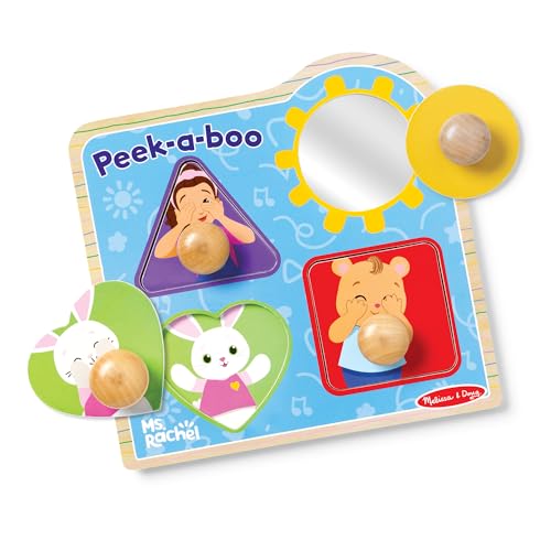 Melissa & Doug® Ms. Rachel™ Wooden Peek-a-Boo Jumbo Peg Puzzle, 4-Piece with Mirror, Toddler Toys for Boys and Girls Ages 1+ Years
